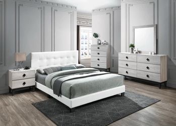 Full size white platform bed with orthopedic mattress