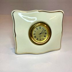 Lenox Quartz Small Desk Clock, White Porcelain, 24K Trim, New Battery !