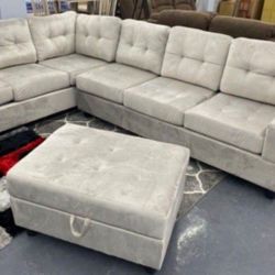 Heights Silver  Velvet Reversible Sectional with Storage Ottoman 