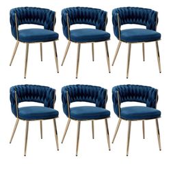 Modern Velvet Dining Chairs Set of 6, Upholstered Living Room Chair with Woven Back and Golden Metal Legs, Mid-Century - Easy Assembly 