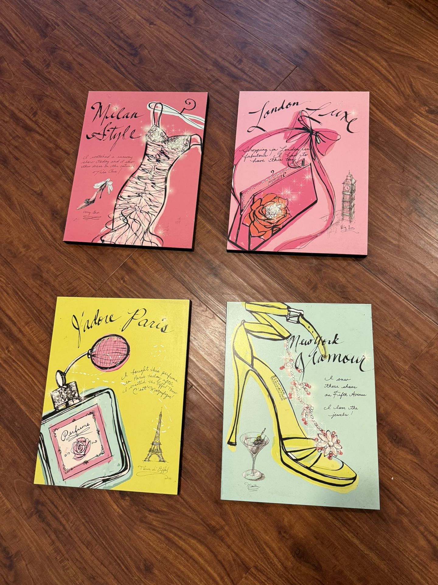 Vintage Wall Art 4 Piece Set- Colorful Bright Fashion City- 15.5” x 12” Each (originally paid $130)