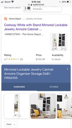 White with Stand Mirrored Lockable Jewelry Armoire Cabinet Storage Box 63.5 in. L x 14.5 in. W x 18.5 in.