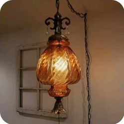 Large mushroom amber glass mid century hanging swag lamp