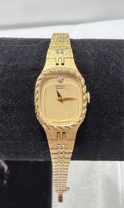 Rare Vintage 1990s Seiko Quartz Ladies Diamond Dial Tank Watch Gold Tone Bracelet ( Working )