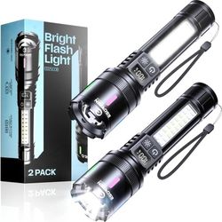 2 Pack Rechargeable Flashlights High Lumens 2000, Single Click Bright Flashlight Long Lasting 12H, Compact Handheld Strong LED Flash Light USB C, Whit