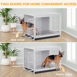 Assembled Dog Crate Furniture, 44.1" Wooden Side End Table, Modern Dog Kennel with Double Doors, Heavy-Duty Dog Cage w/Pull-Out Removable Tray, Indoor