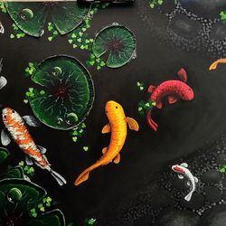 Original Hand-painted Koi Pond Acrylic Painting With Light Texture 
