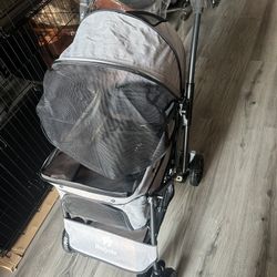 Medium Dog Stroller 50lb - Pets Stroller for Medium Dogs with Storage Basket & Pouch, Security Leashes, Gray