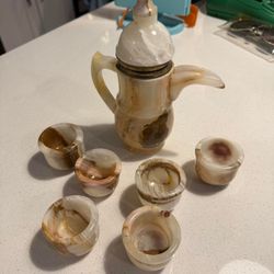 Vintage Onyx Stone Tea Set with Six Cups and Teapot