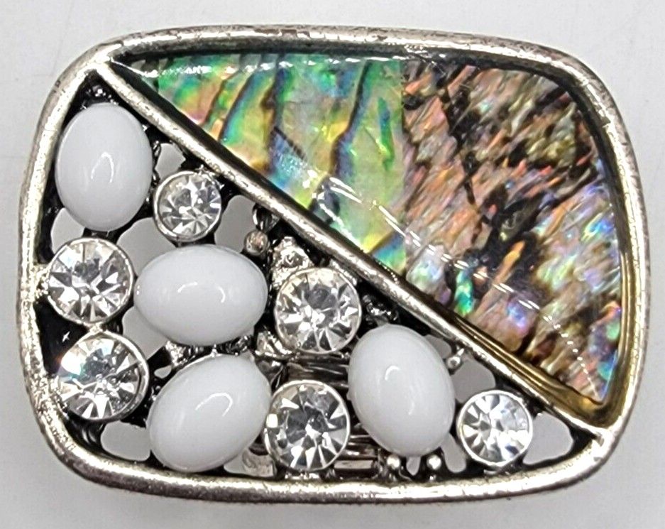 Opal & Glass Ring Silver Tone Chunky 1"x1.5" Expandable Size Fitting