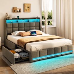 Queen Upholstered Bed Frame — LED, Charging, Drawers (No Mattress)