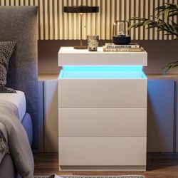Nightstand with Charging Station and LED Lights,Night Stand with Sliding Top for Bedroom,White