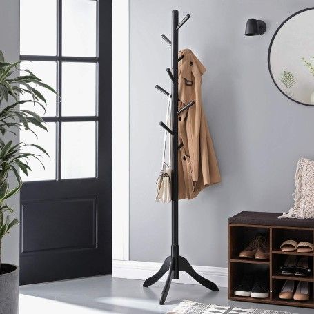 Coat Rack Free Standing, Solid Wood Coat Stand, Hall Coat Tree with 8 Hooks for Coats, Hats, Bags, Purses, for Entryway, Hallway, Rubberwood, Black