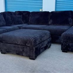Large 144” Fluffy Corduroy U-Shaped Sectional + Ottoman Included