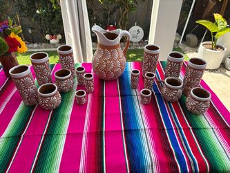 Mexican Talavera Clay Pitcher and Cup Set
