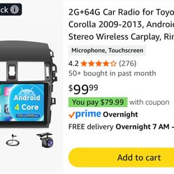 Car Radio for Toyota Corolla 2009-2013, Android Car Stereo Wireless Carplay, Touch Screen 