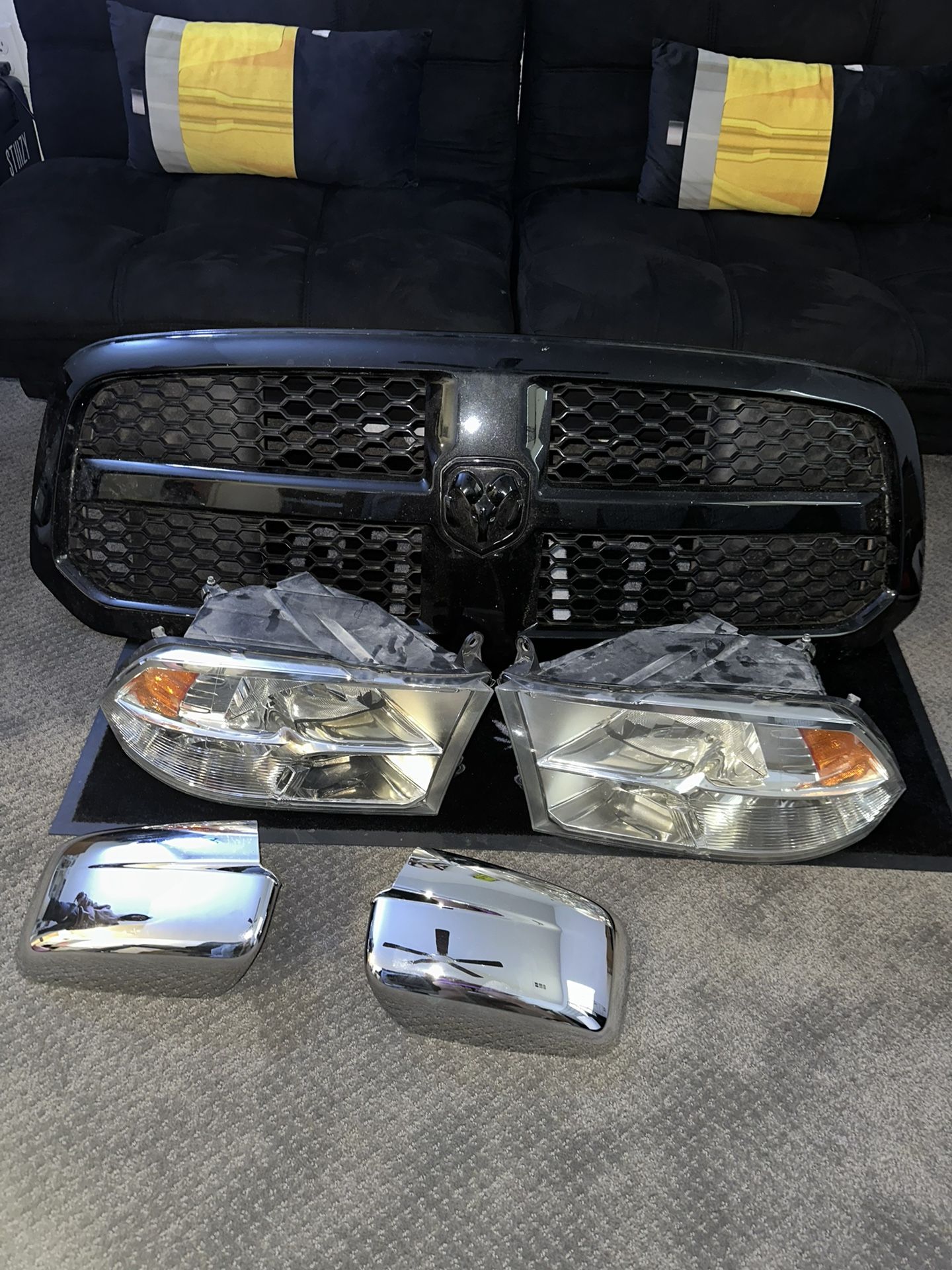 2015-2020 Dodge Ram Grille, Head Lights And Chrome Mirror Covers Bundle For All 