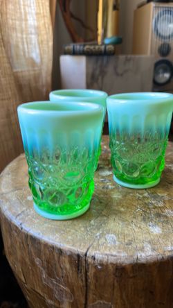 Mosser Eye Winker Opalescent Green Tumbler Glass 6.5oz set of six