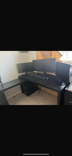 3 Monitors + Computer PC + Large L-Shaped Desk  Description: Selling everything together as a full computer desk setup. 3 Monitors + Computer PC + Lar