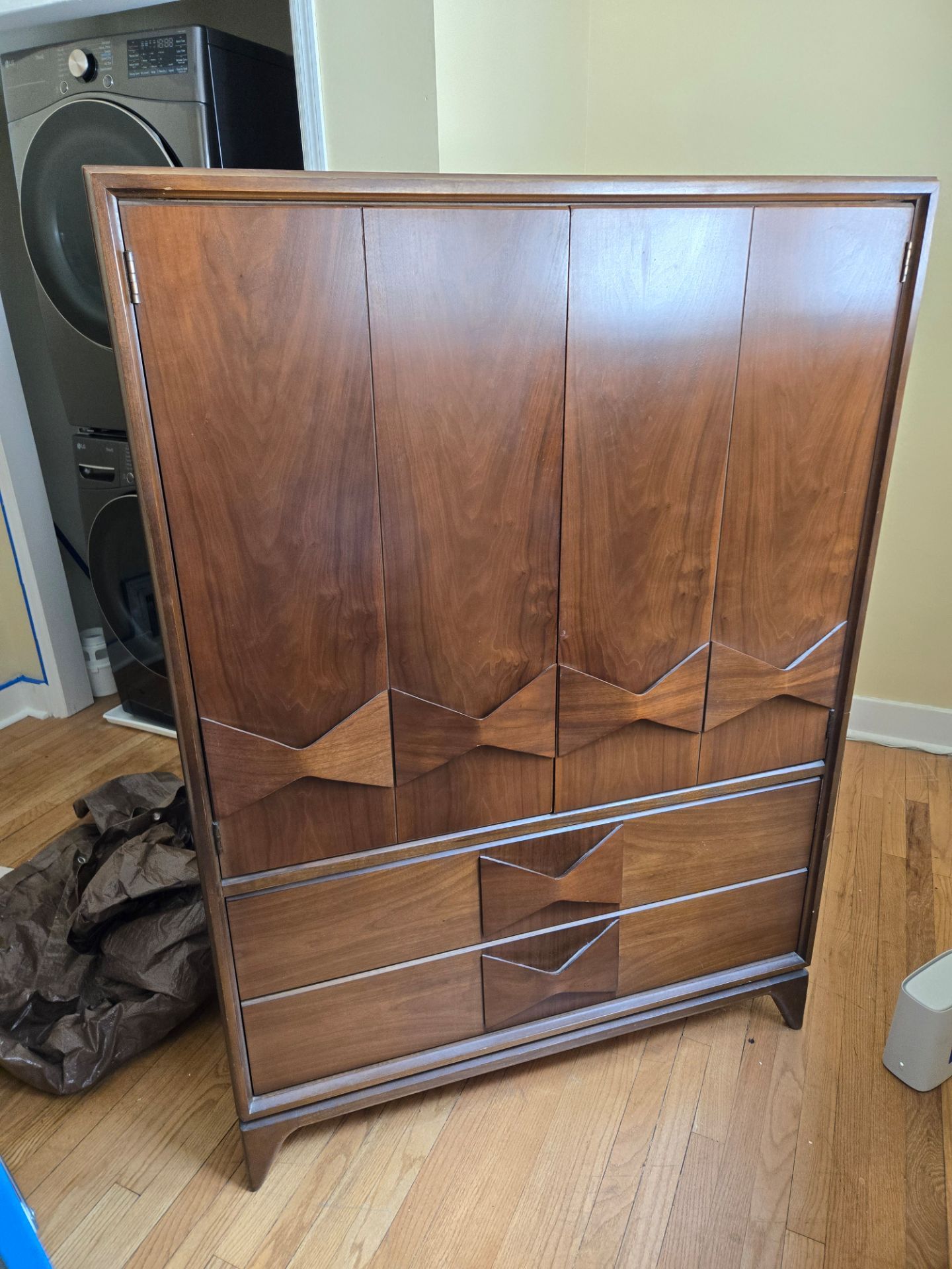 Broyhill Brasilia Style Kroehler Brutalist Mid Century Walnut Armoire Highboy Dresser