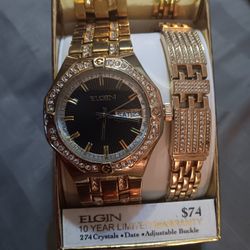 Elgin 274 Crystal Adult Men Gold Watch w/ Bracelet 
