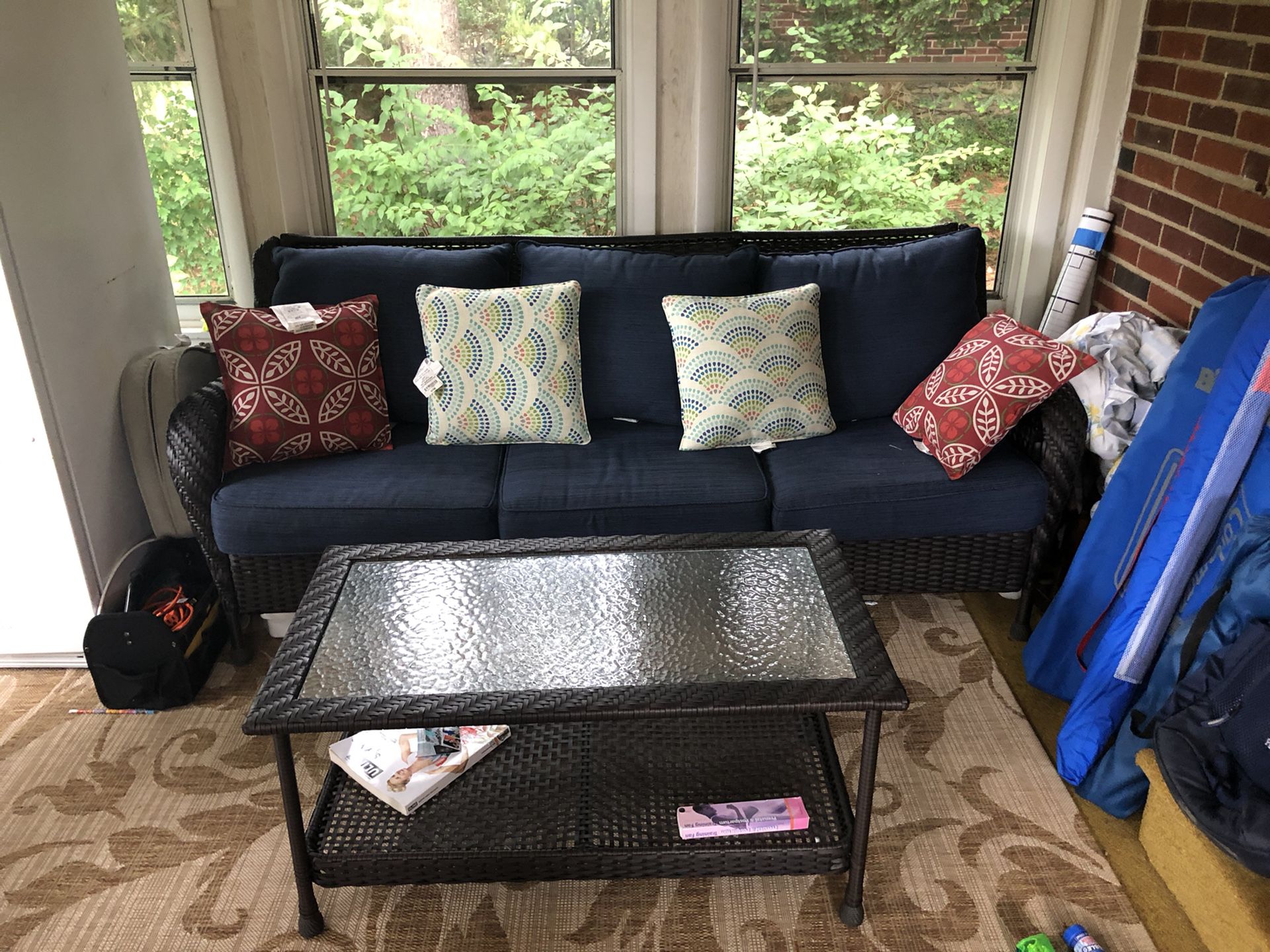 Indoor/Outdoor Wicker Sofa & Coffee Table.
