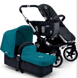 Bugaboo Donkey Base Stroller (Can Expand To Fit Two Kids) - Black Base With Petrol Blue Fabric Set