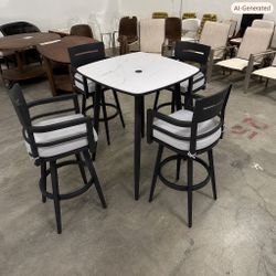 New 5 PCS Aluminum Outdoor Patio Bar Table and 4 Bar Chair set Marble Pattern