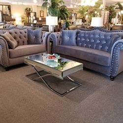 Brand New Gray Velvet Modern Sofa + Loveseat 2PCs Set