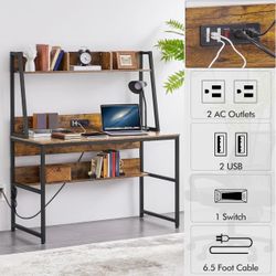 47" Industrial Computer Desk with Hutch & Power Outlets – Rustic Brown