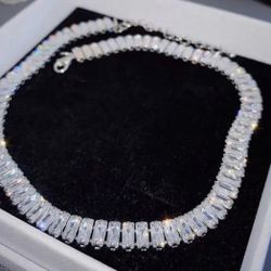 Gorgeous  Silver Cz 13.5” Choker Style Necklace 