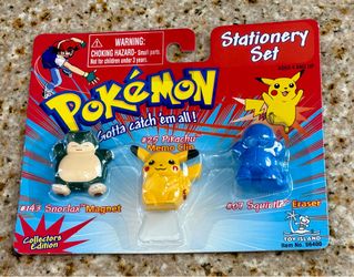Vintage Pokemon Stationery Set Clip Magnet Eraser - Pikachu Snorlax Squirtle