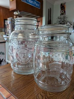 Two Vintage MCM Large Lidded Glass Cookie Jars , Uncle Ezra's Cracker Barrel, Cracker Barrel Style mid century