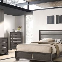 Gray Queen Bedroom Set Silver Inset Queen Bed, Dresser, Mirror, Nightstand  $899 (retail $1699)