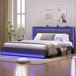 Dark Gray Fabric King Size Bed Frame with LED Lights and Charging Station