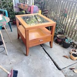 Vintage Wooden Table,With Glass Top.