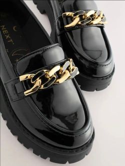 Bamboo black patent chunky chain loafers