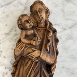 Vintage Madonna and Child Wall Mount Wood Carving Made in Western Germany Wall Art Mary Jesus Antique Collectible 