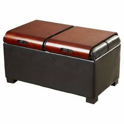 35 Inch Faux Leather Cocktail Table Storage Ottoman with Serving Trays