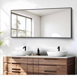 BONEWEI Bathroom Mirror,24x48 inch Wall Mirror for Bathroom Wall Mounted Black Rectangle Square Corner Mirrors, Black Bathroom Mirror for Living Room,