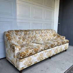 MCM Tufted Yellow Floral Pattern Curved Back Sofa •FREE DELIVERY•