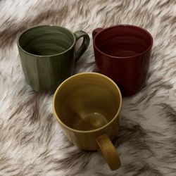 3 Citrus Grove Hand Painted Mugs; 1Green 1 Yellow 1 Read 4" Tall.  Citrus Grove Coffee Mug Tea Cup Hand Painted Green Ceramic Swirl