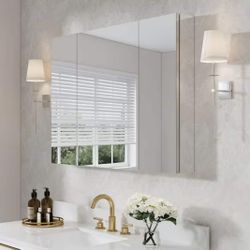 New In Box 48" x 30" Bathroom Medicine Cabinet, Anodized Chrome Aluminum Frame, Medicine Cabinet with Adjustable Glass Shelves, Bathroom Mirrored Cabi