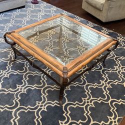 Vintage Wood And Glass Coffee Table. Metal Strap Corners