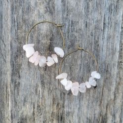 Rose Quartz Crystal Brass Hoop Earrings