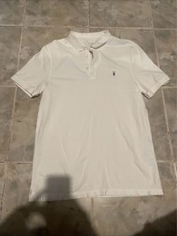 AllSaints Men’s White Organic Cotton Slim Fit Ramskull Polo Shirt Large