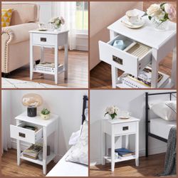 Set of Two 23” White Nightstands Bedside Table with Drawer Storage Shelf Bedroom Night Stand