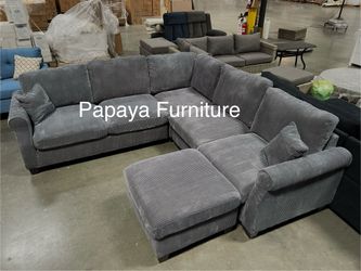 New! Plush Sectional Couch, Sectionals, Sofa, Gray Couch, Gray Sofa, Sectional And Ottoman, Corduroy Sofa In Grey, Couch, Sofas, Living Room Couch