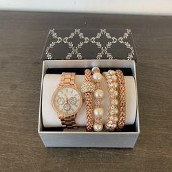 Women's Crystal Watch & Bracelet Set Rose Gold Tone