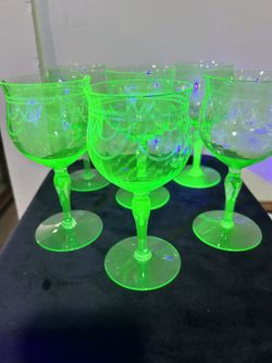 Vintage Set Of Uranium Glass Wine Glasses Six